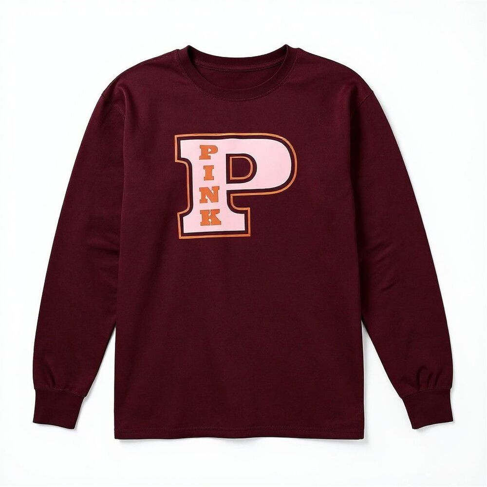 Victoria’s Secret PINK Varsity Logo Long Sleeve Crewneck Tee Burgundy M NWT